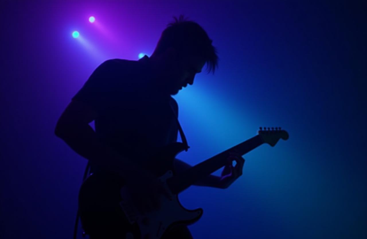 Guitarist performing under neon lights at Orpheus Strings