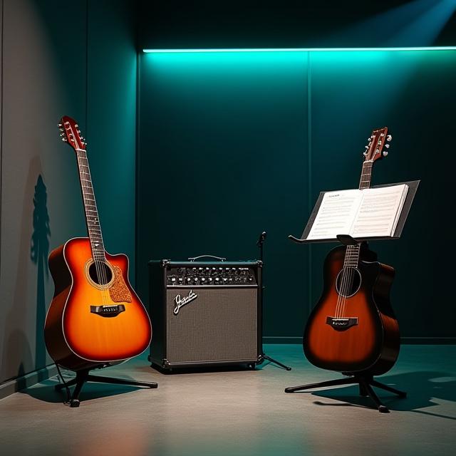 Modern professional guitar lesson studio with gear