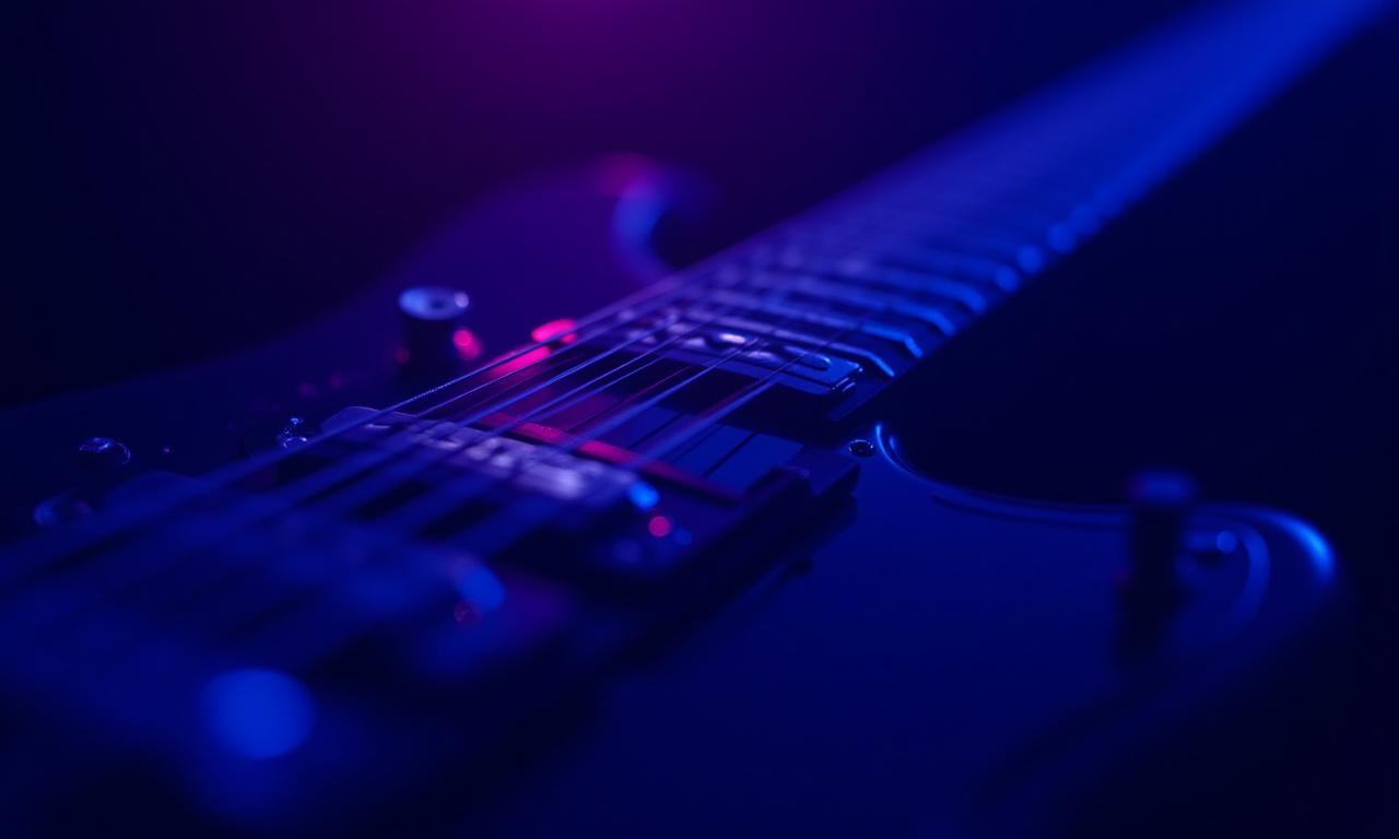 Close up of guitar strings with neon lighting